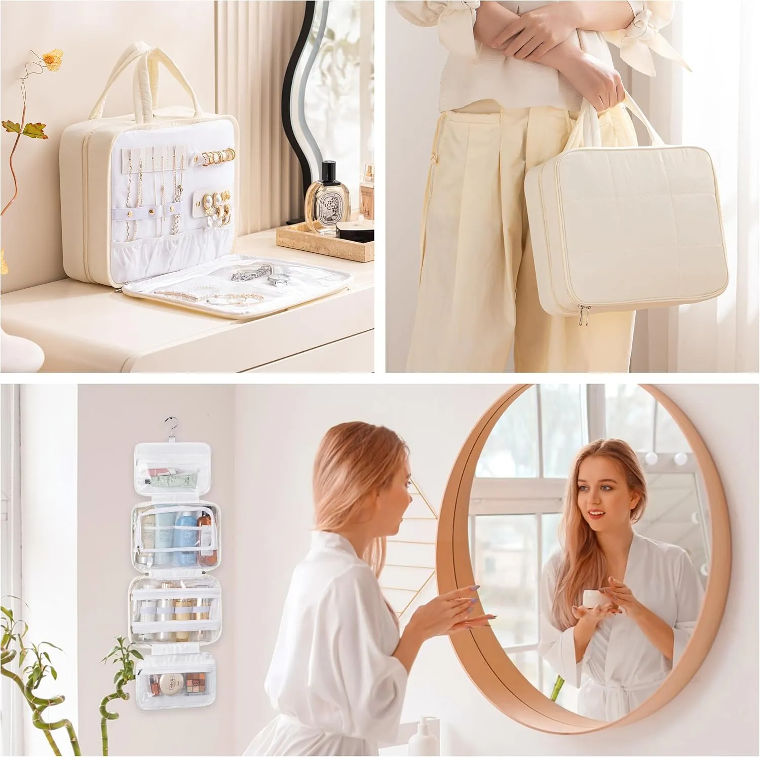 HBlife Travel Toiletry Bag with Jewelry Organizer for Women, Puffy Hanging Travel Bag for Toiletries with Trolley Belt, Waterproof Makeup Cosmetic Bag, Travel Accessories Essentials(Beige, M)
