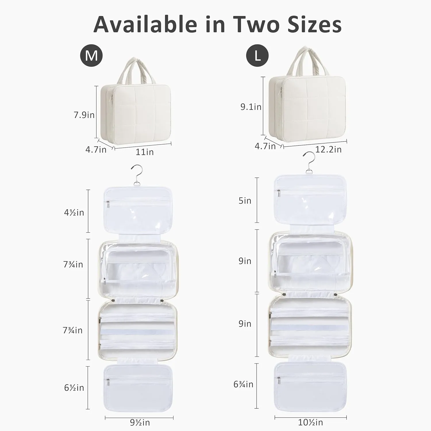 HBlife Travel Toiletry Bag with Jewelry Organizer for Women, Puffy Hanging Travel Bag for Toiletries with Trolley Belt, Waterproof Makeup Cosmetic Bag, Travel Accessories Essentials(Beige, M)