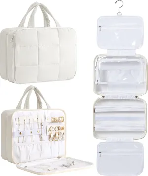 HBlife Travel Toiletry Bag with Jewelry Organizer for Women, Puffy Hanging Travel Bag for Toiletries with Trolley Belt, Waterproof Makeup Cosmetic Bag, Travel Accessories Essentials(Beige, M)