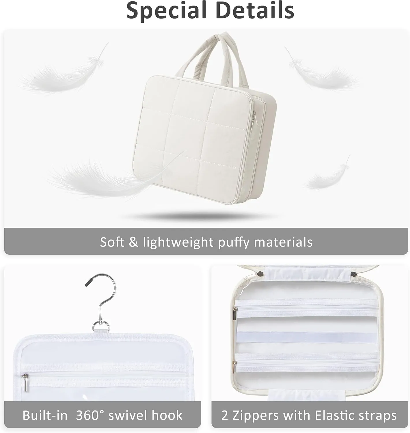 HBlife Travel Toiletry Bag with Jewelry Organizer for Women, Puffy Hanging Travel Bag for Toiletries with Trolley Belt, Waterproof Makeup Cosmetic Bag, Travel Accessories Essentials(Beige, M)