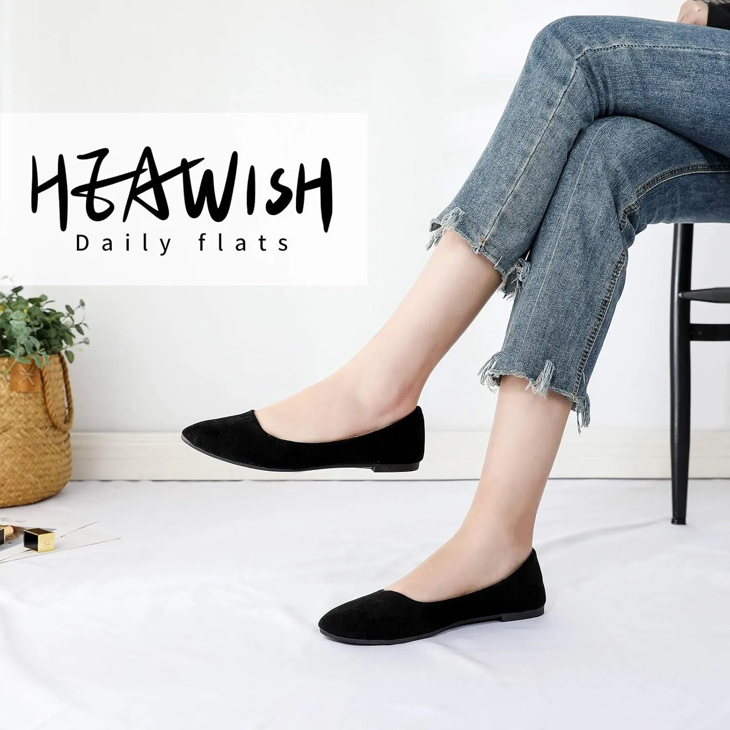 HEAWISH Womens Black Flats Shoes Comfortable Suede Pointed Toe Slip On Casual Ballet Flats Dress Shoes Nude Flats