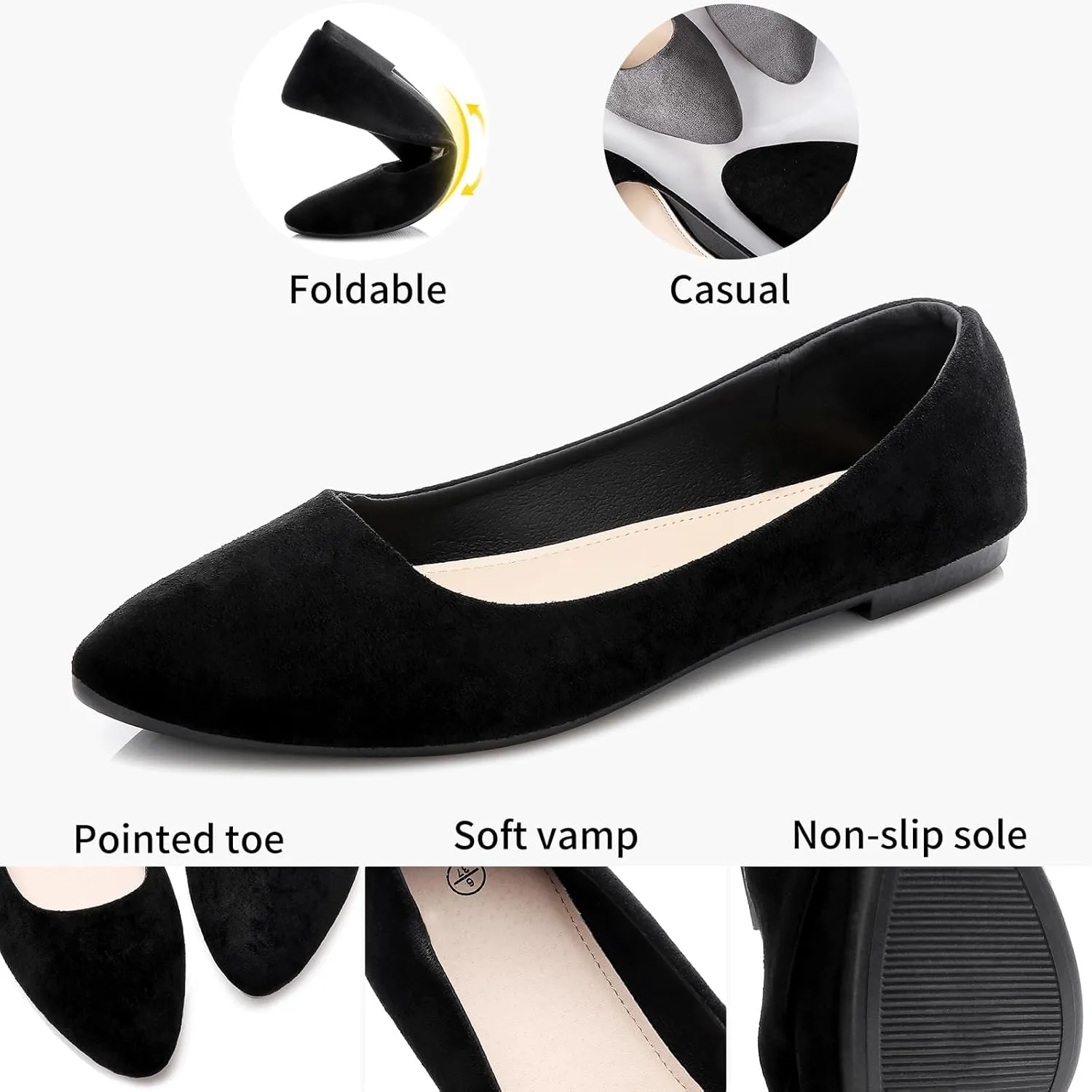HEAWISH Womens Black Flats Shoes Comfortable Suede Pointed Toe Slip On Casual Ballet Flats Dress Shoes Nude Flats