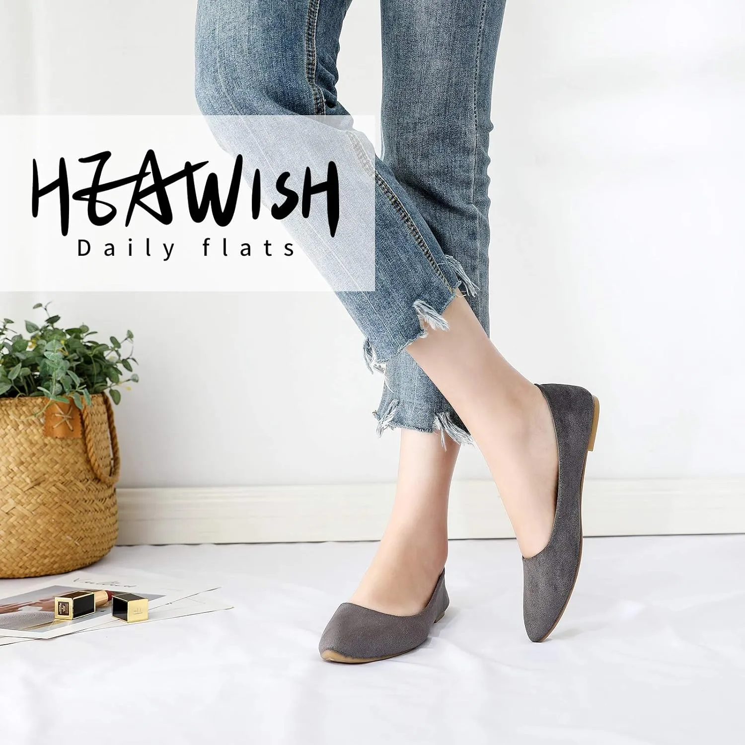 HEAWISH Womens Black Flats Shoes Comfortable Suede Pointed Toe Slip On Casual Ballet Flats Dress Shoes Nude Flats