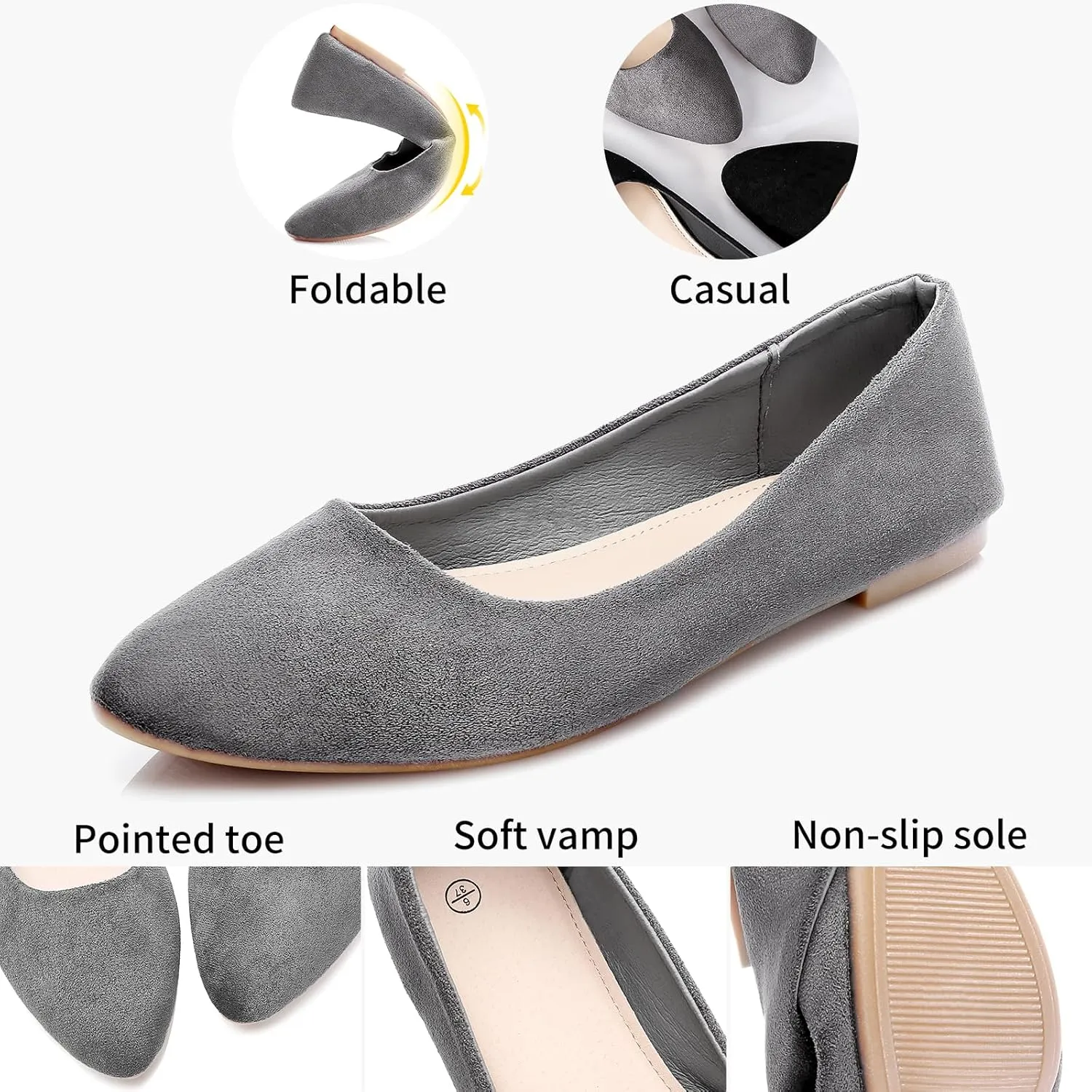 HEAWISH Womens Black Flats Shoes Comfortable Suede Pointed Toe Slip On Casual Ballet Flats Dress Shoes Nude Flats