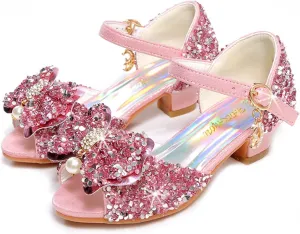 JOEupin Girls Sandals Glittler Bow Dress Shoes Princess Crystal High Heels Party Wedding Flower Girls Shoes for Kid Toddler