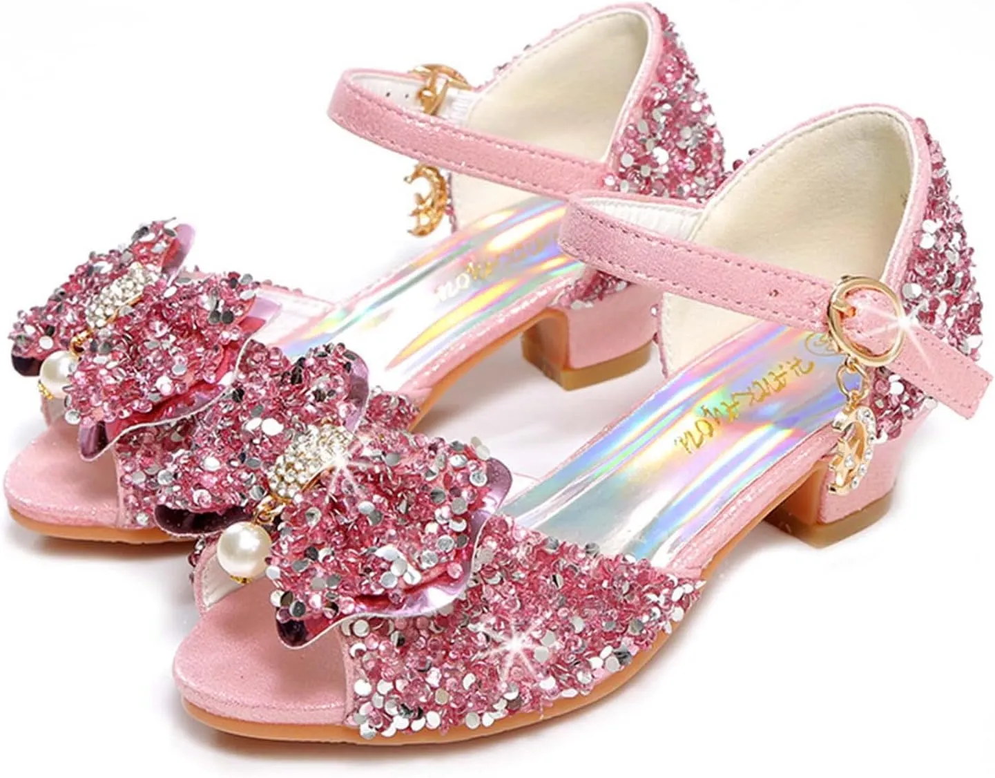 JOEupin Girls Sandals Glittler Bow Dress Shoes Princess Crystal High Heels Party Wedding Flower Girls Shoes for Kid Toddler