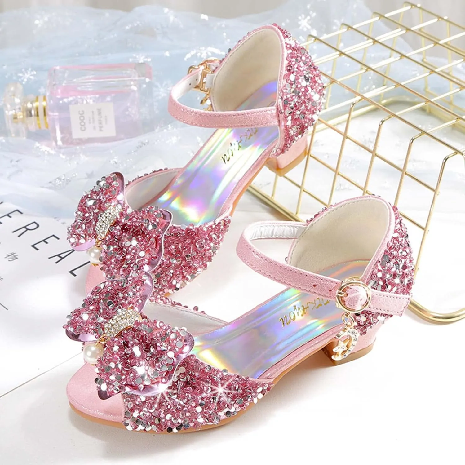 JOEupin Girls Sandals Glittler Bow Dress Shoes Princess Crystal High Heels Party Wedding Flower Girls Shoes for Kid Toddler
