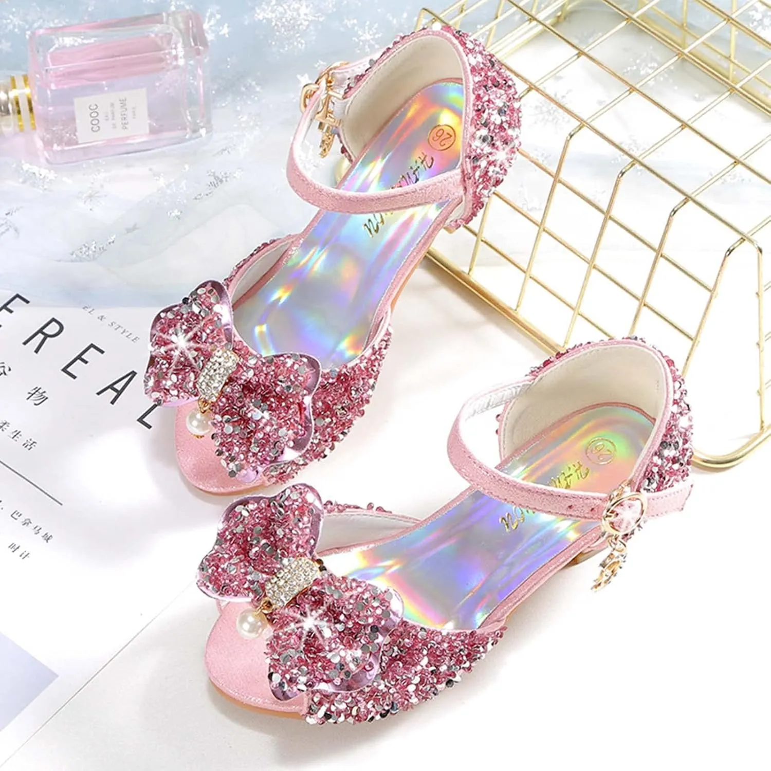 JOEupin Girls Sandals Glittler Bow Dress Shoes Princess Crystal High Heels Party Wedding Flower Girls Shoes for Kid Toddler