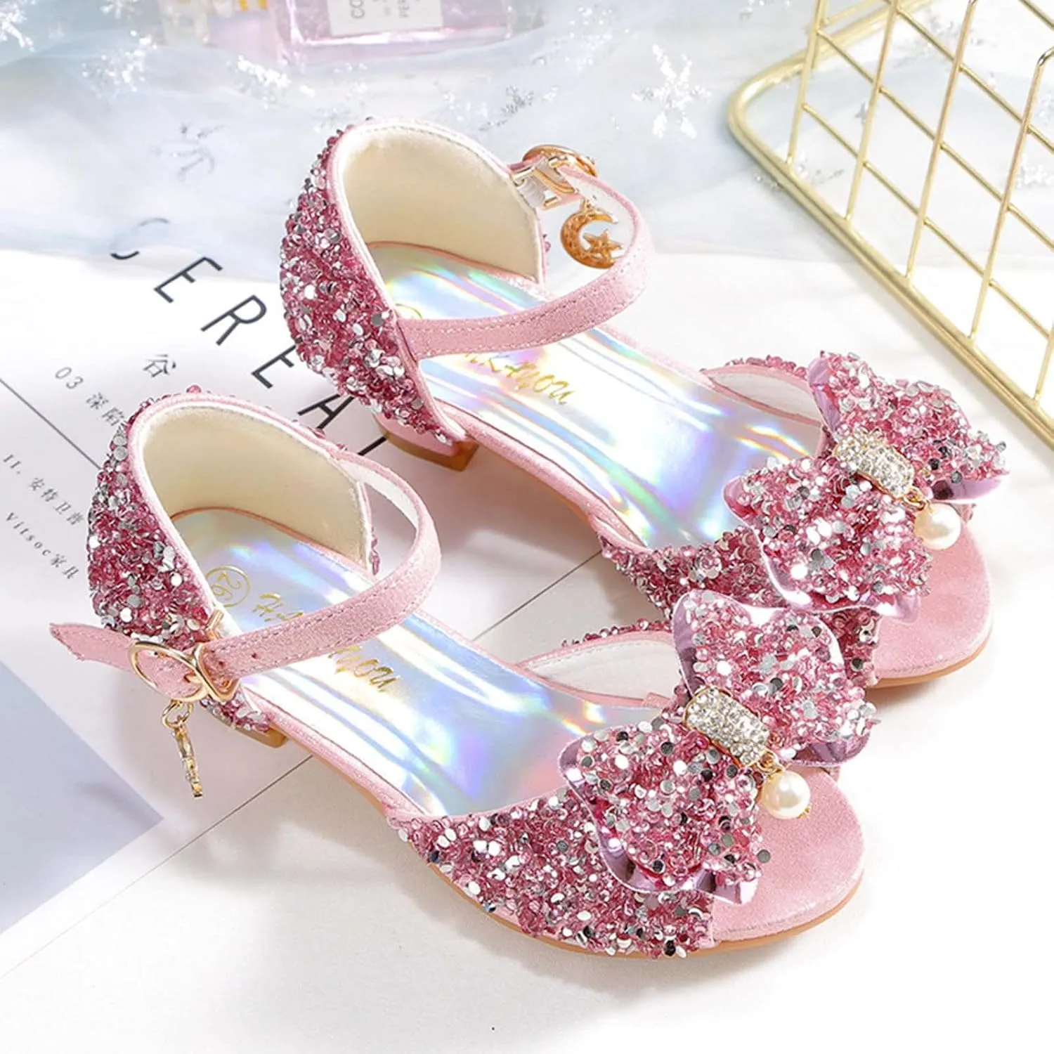 JOEupin Girls Sandals Glittler Bow Dress Shoes Princess Crystal High Heels Party Wedding Flower Girls Shoes for Kid Toddler