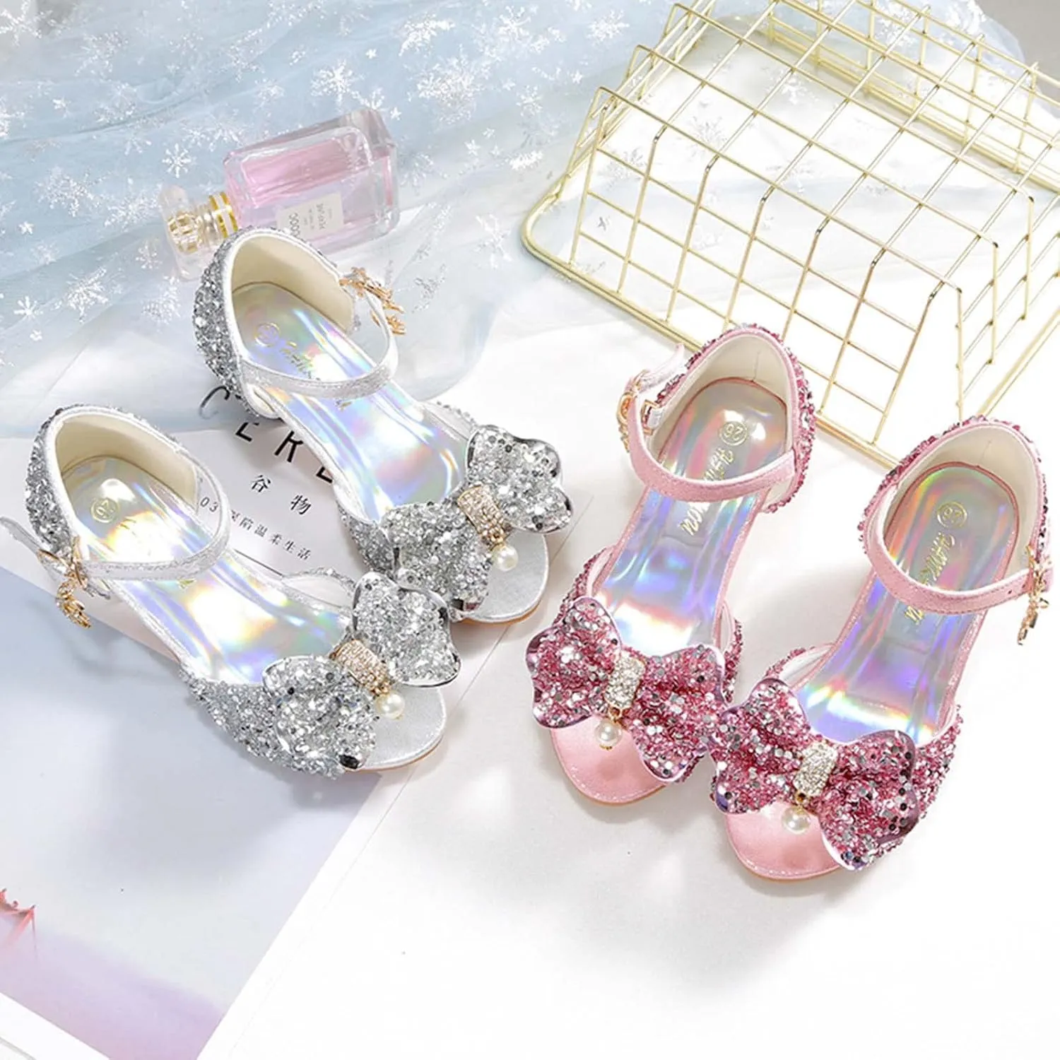 JOEupin Girls Sandals Glittler Bow Dress Shoes Princess Crystal High Heels Party Wedding Flower Girls Shoes for Kid Toddler