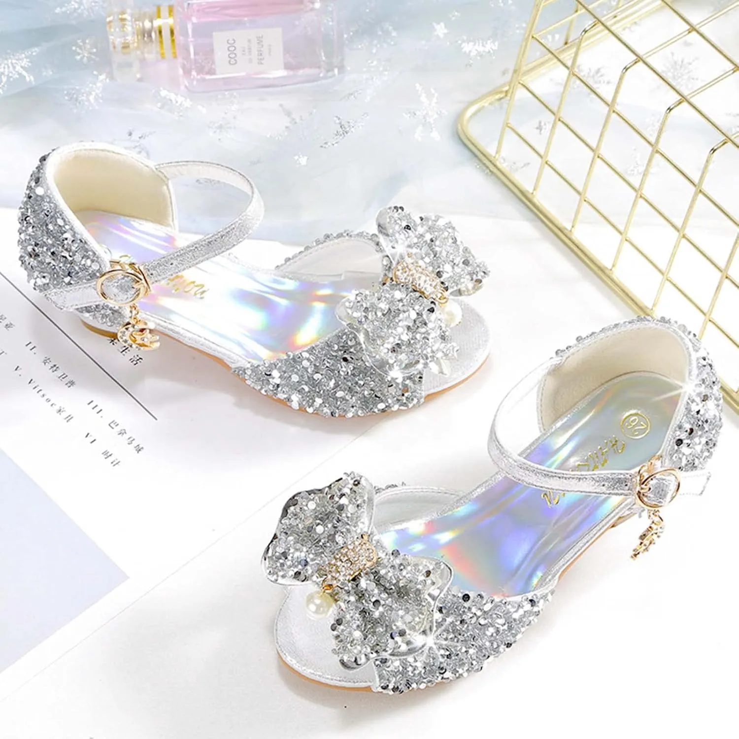 JOEupin Girls Sandals Glittler Bow Dress Shoes Princess Crystal High Heels Party Wedding Flower Girls Shoes for Kid Toddler