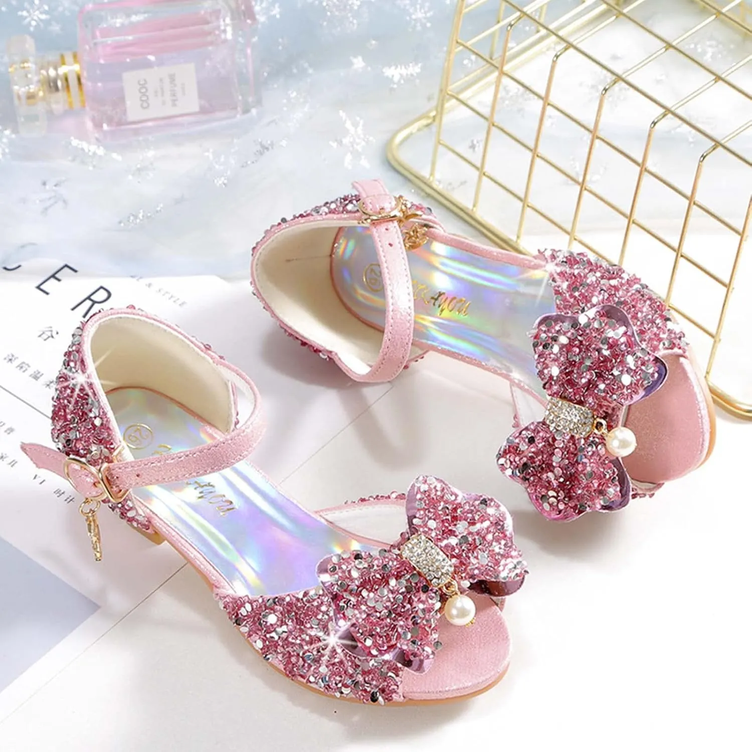 JOEupin Girls Sandals Glittler Bow Dress Shoes Princess Crystal High Heels Party Wedding Flower Girls Shoes for Kid Toddler