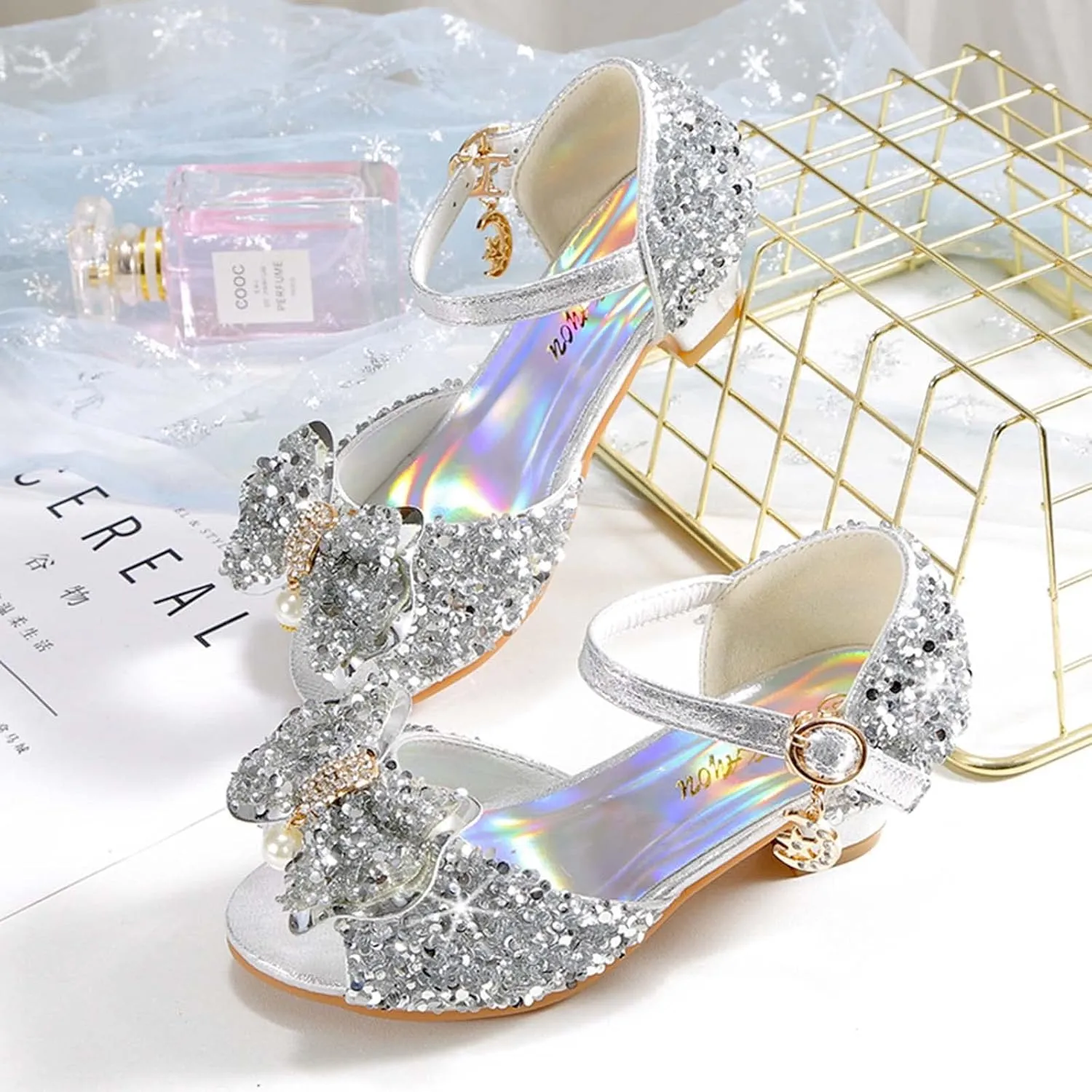 JOEupin Girls Sandals Glittler Bow Dress Shoes Princess Crystal High Heels Party Wedding Flower Girls Shoes for Kid Toddler