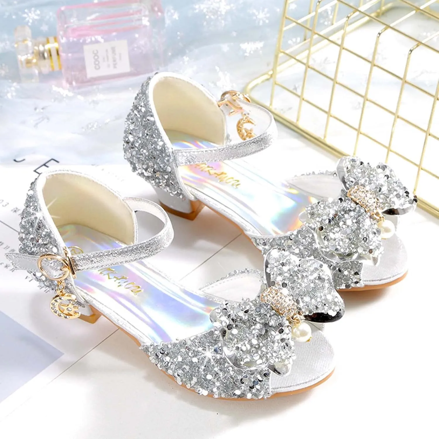 JOEupin Girls Sandals Glittler Bow Dress Shoes Princess Crystal High Heels Party Wedding Flower Girls Shoes for Kid Toddler
