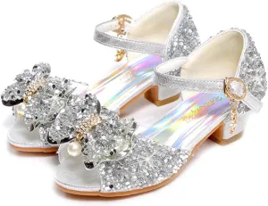 JOEupin Girls Sandals Glittler Bow Dress Shoes Princess Crystal High Heels Party Wedding Flower Girls Shoes for Kid Toddler
