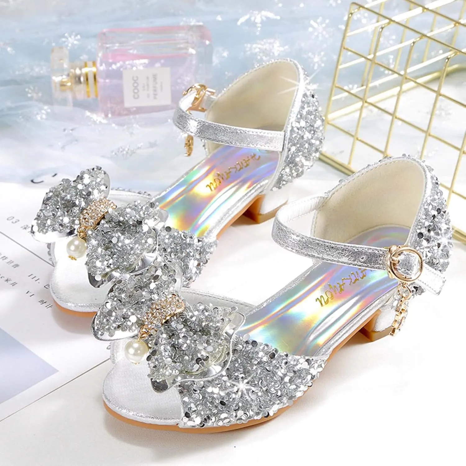 JOEupin Girls Sandals Glittler Bow Dress Shoes Princess Crystal High Heels Party Wedding Flower Girls Shoes for Kid Toddler