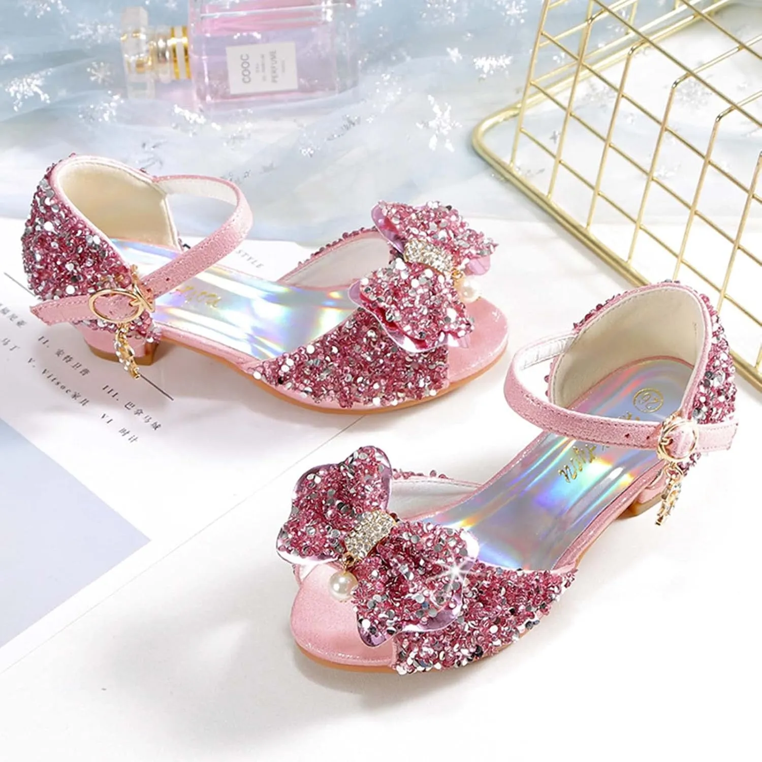 JOEupin Girls Sandals Glittler Bow Dress Shoes Princess Crystal High Heels Party Wedding Flower Girls Shoes for Kid Toddler