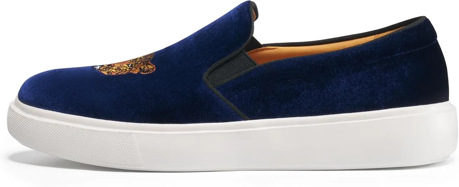 Journey West Men's Fashion Velvet Sneakers with Embroidery Comfortable Slip-On Walking Shoes for Men