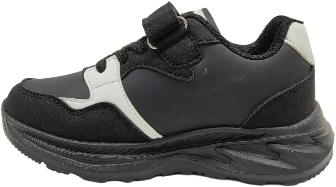 Kids Athletic Sneakers, Black and White, Hook and Loop Closure, EVA Sole