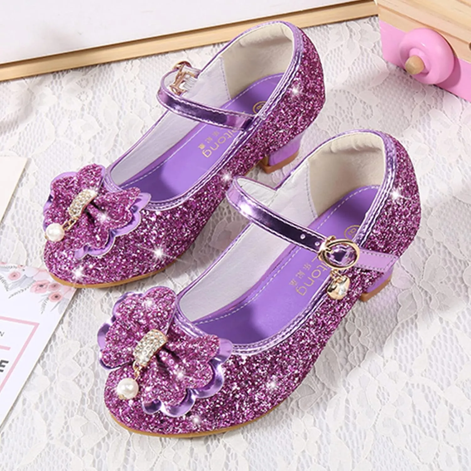 Little Girls Dress Pumps Glitter Sequins Low Heels Mary Jane Kids Party Dance Shoes Rhinestone Sandals