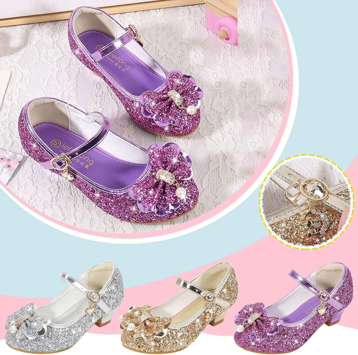 Little Girls Dress Pumps Glitter Sequins Low Heels Mary Jane Kids Party Dance Shoes Rhinestone Sandals