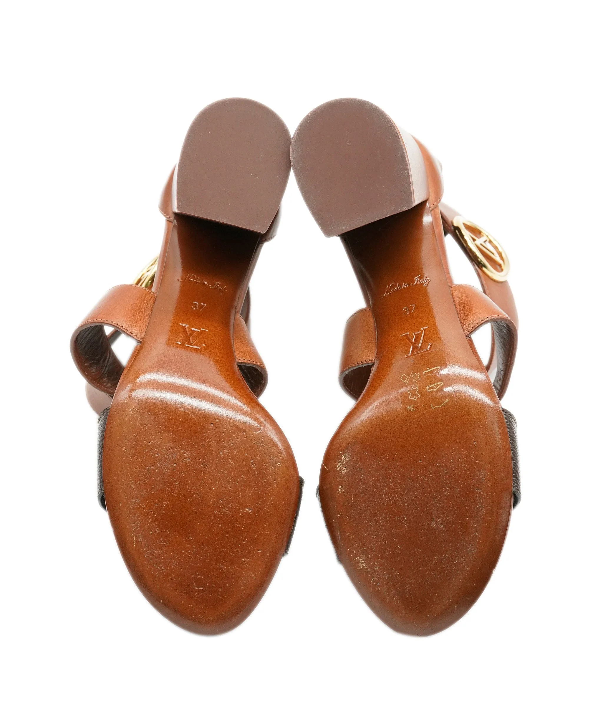 Louis Vuitton Brown Leather Monogram Sandals With Gold LV Hardware Size 37 ALC0910