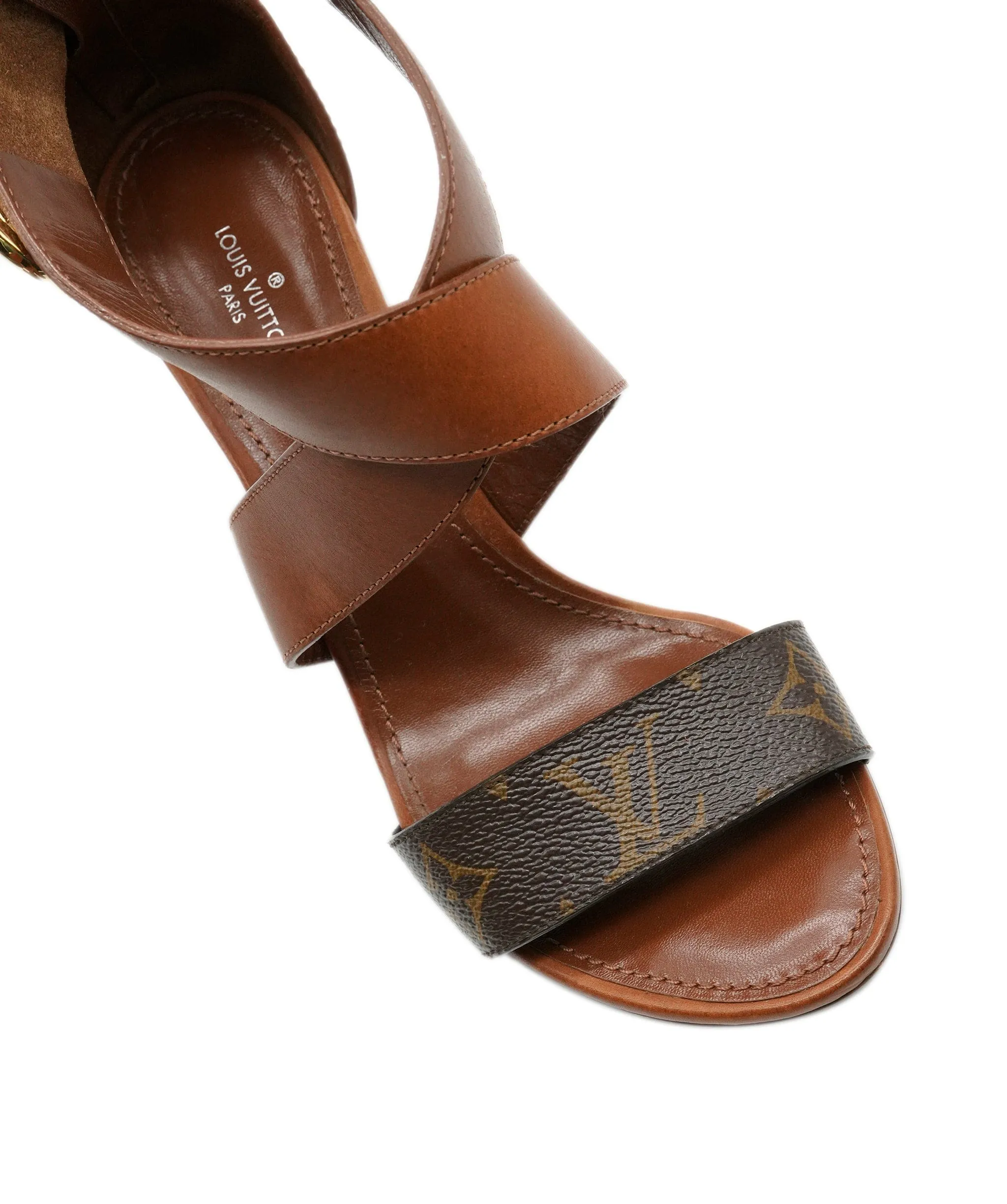 Louis Vuitton Brown Leather Monogram Sandals With Gold LV Hardware Size 37 ALC0910