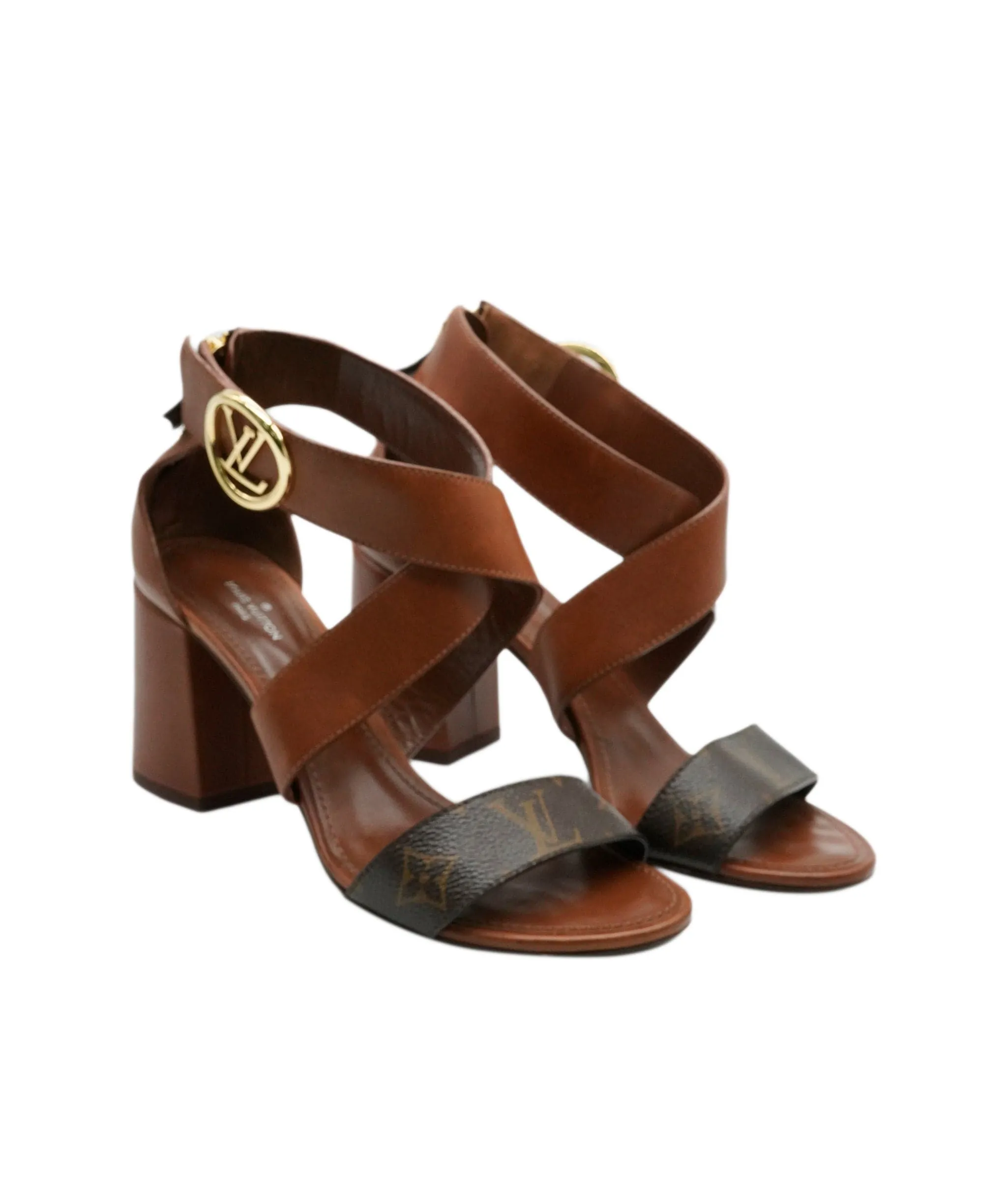 Louis Vuitton Brown Leather Monogram Sandals With Gold LV Hardware Size 37 ALC0910