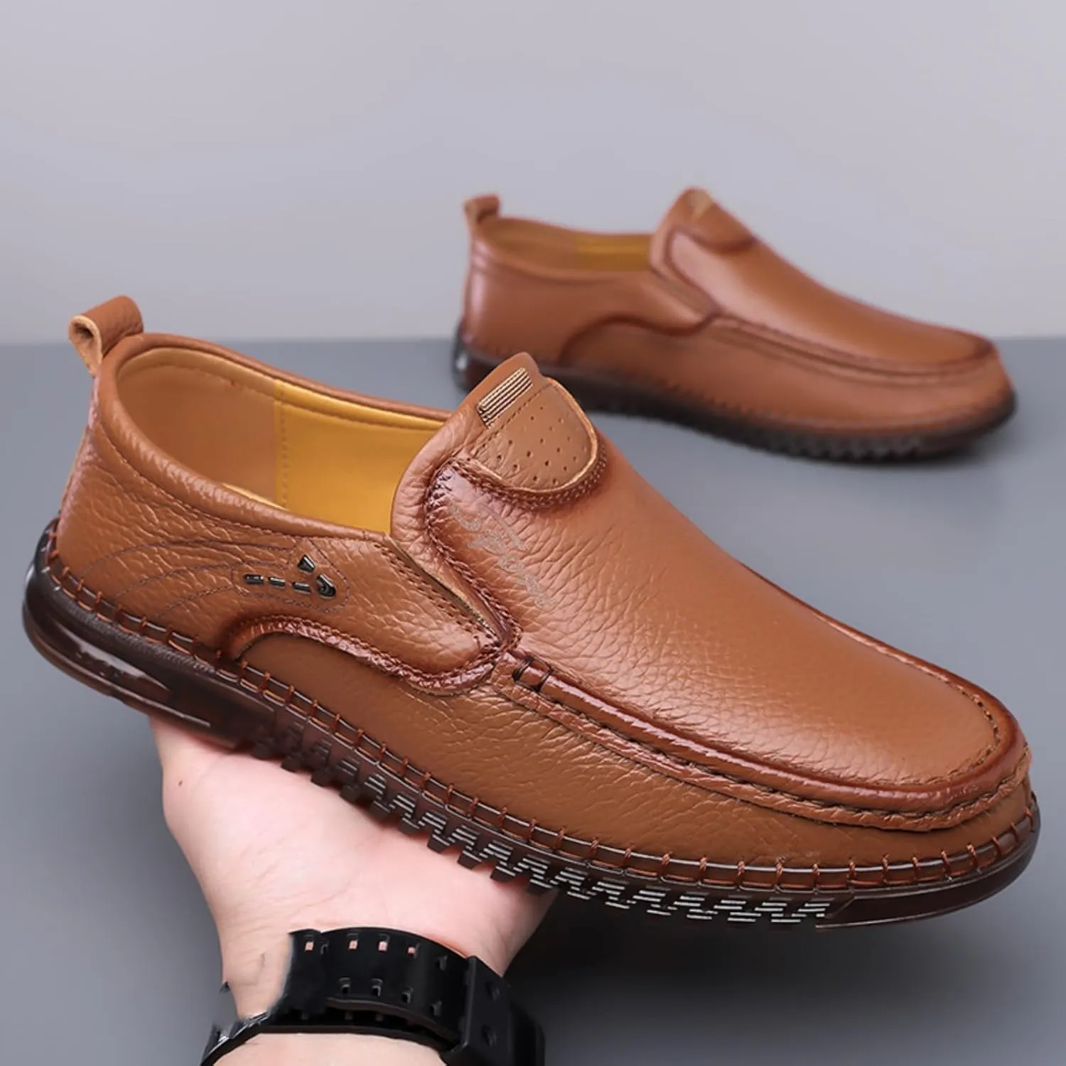 Mens Handmade Leather Slip On Loafers Casual Lightweight Soft Non Slip Walking Shoes for Driving Daily Work Office