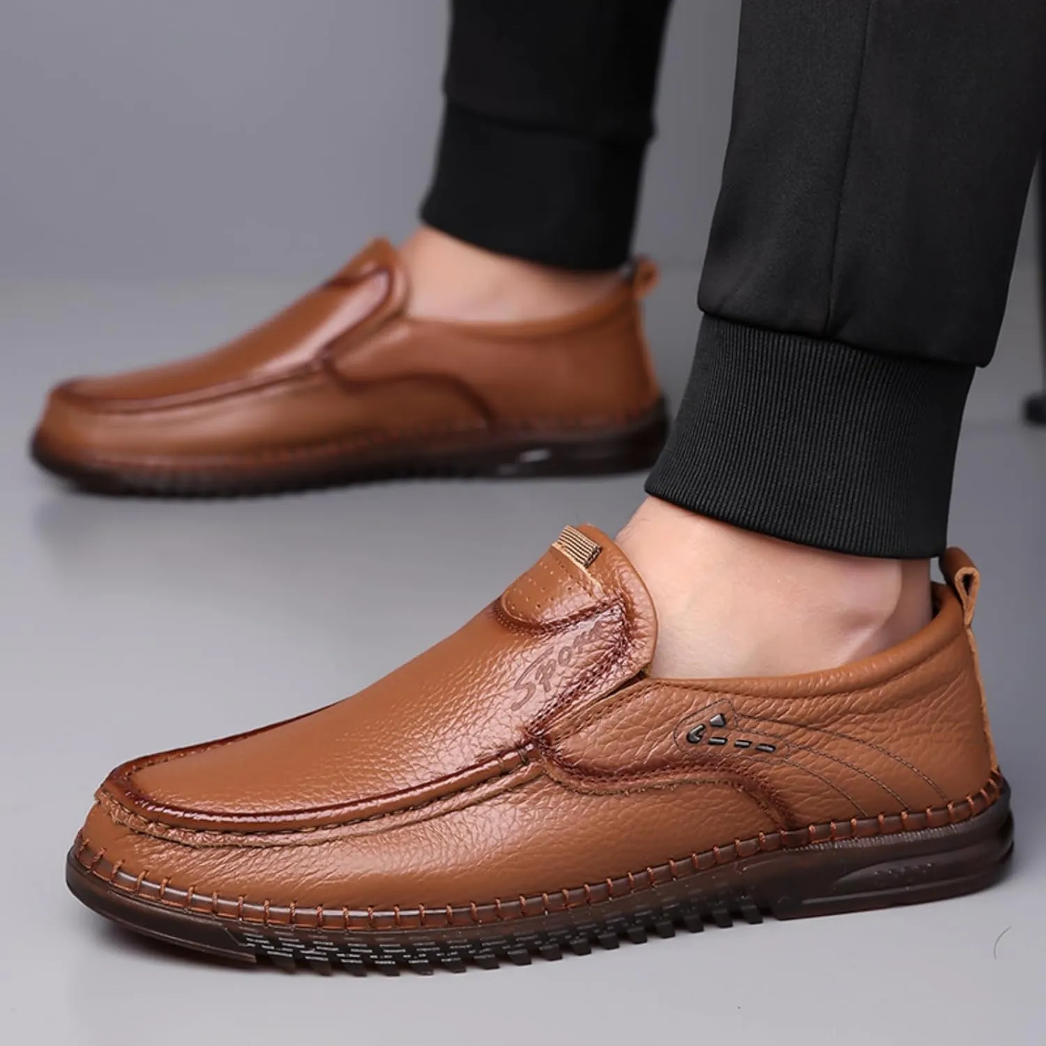Mens Handmade Leather Slip On Loafers Casual Lightweight Soft Non Slip Walking Shoes for Driving Daily Work Office