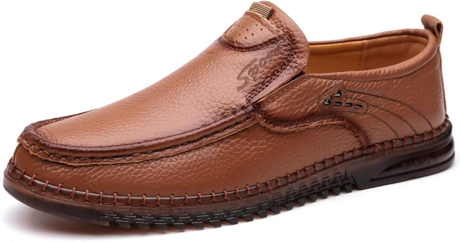 Mens Handmade Leather Slip On Loafers Casual Lightweight Soft Non Slip Walking Shoes for Driving Daily Work Office