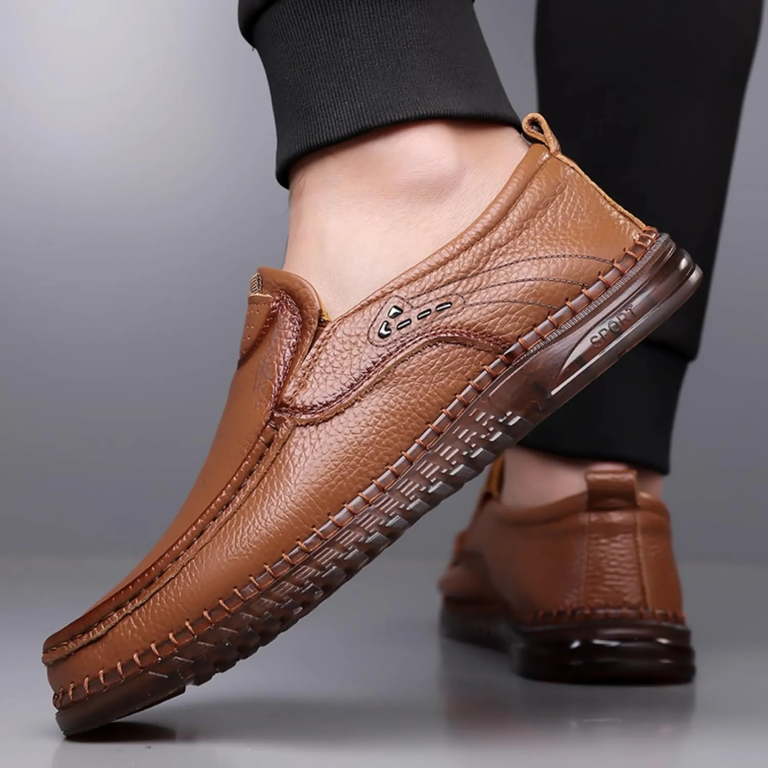 Mens Handmade Leather Slip On Loafers Casual Lightweight Soft Non Slip Walking Shoes for Driving Daily Work Office