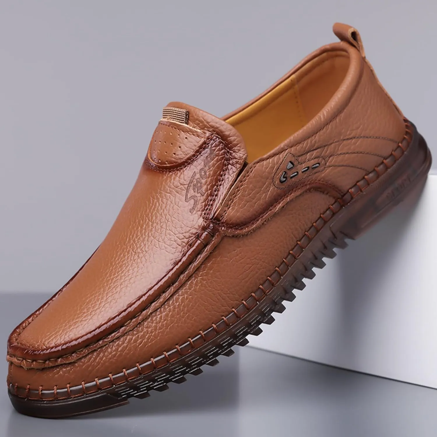 Mens Handmade Leather Slip On Loafers Casual Lightweight Soft Non Slip Walking Shoes for Driving Daily Work Office