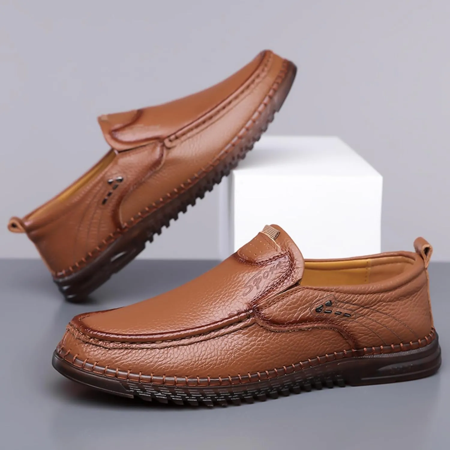 Mens Handmade Leather Slip On Loafers Casual Lightweight Soft Non Slip Walking Shoes for Driving Daily Work Office
