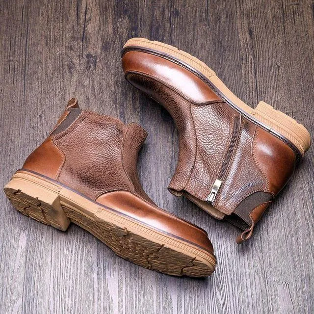 Men's Winter Full Grain Leather Chelsea Boots Side Zip