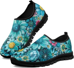 Platform Workout Tennis Loafers for Woman Mother Blue Flowers Comfort Casual Parks Shoes Breathable Soft EVA Non Slip Sneakers Size 5.5 Black Sole