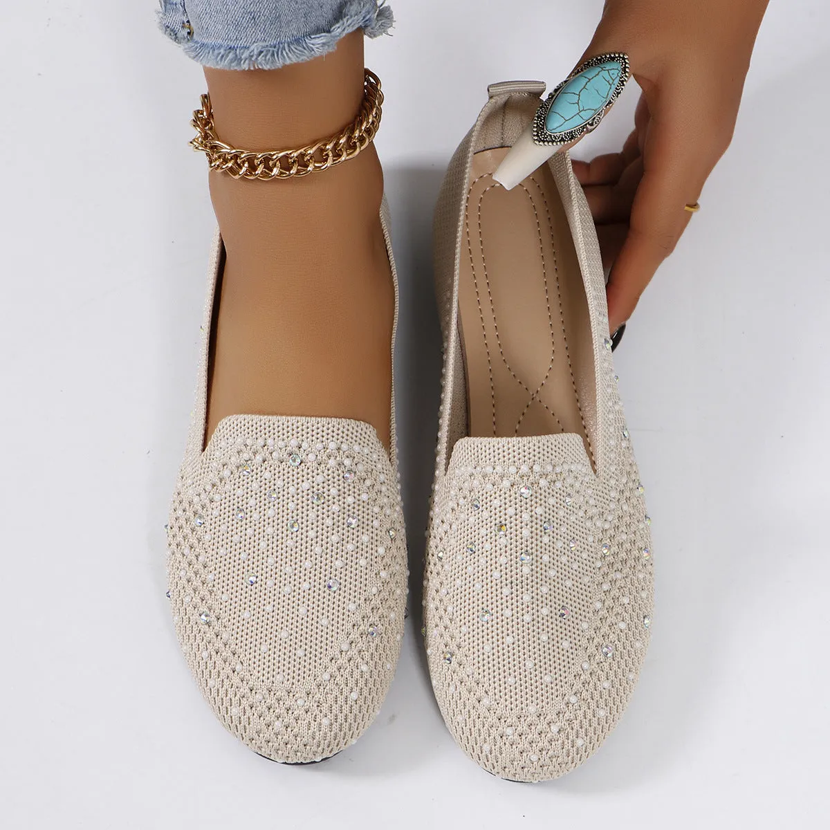 🥿Retro Mesh Diamond Flats – Plus Size Shallow Slip-On Breathable Shoes