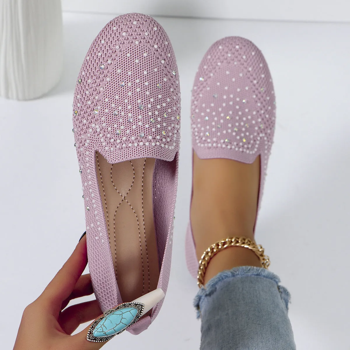 🥿Retro Mesh Diamond Flats – Plus Size Shallow Slip-On Breathable Shoes