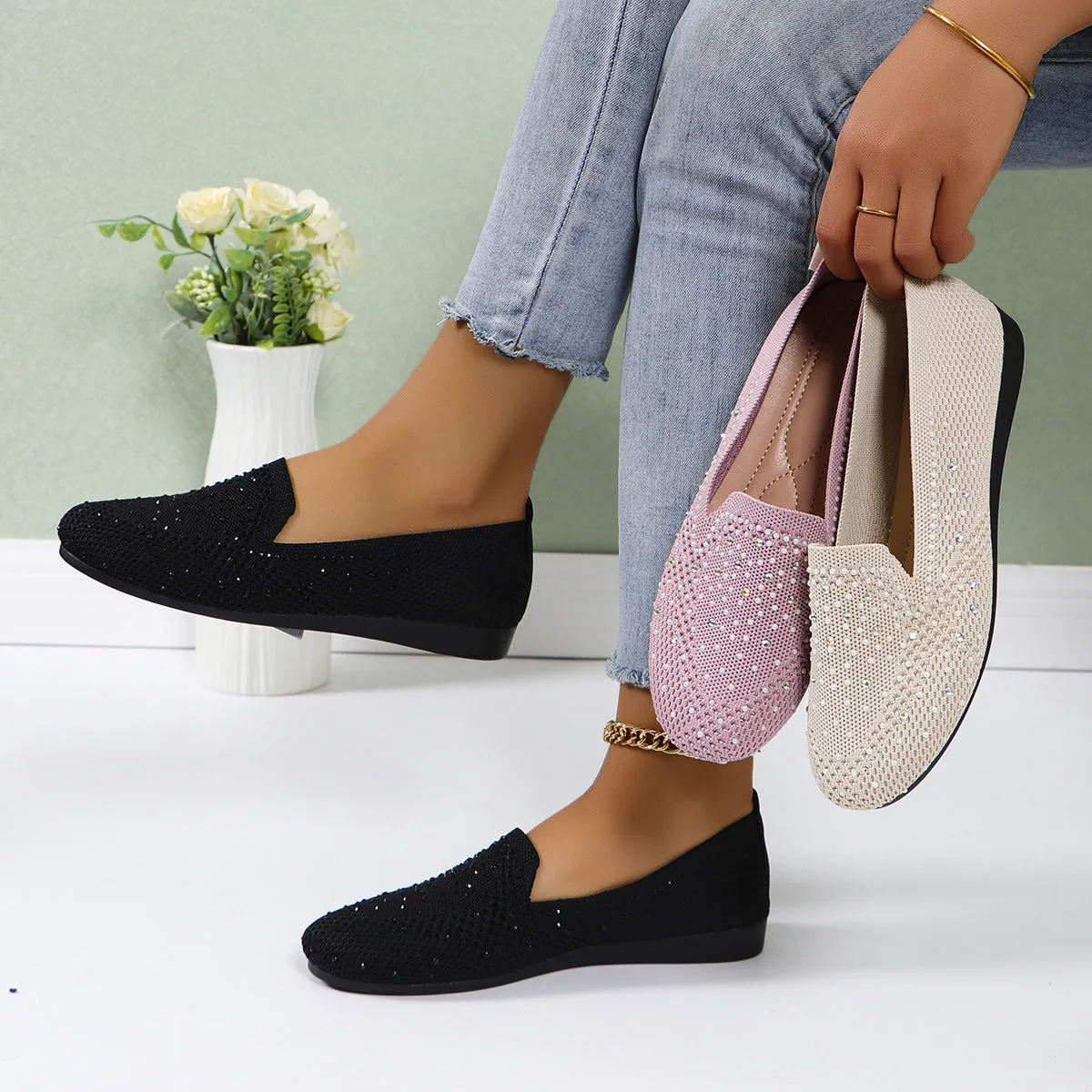 🥿Retro Mesh Diamond Flats – Plus Size Shallow Slip-On Breathable Shoes
