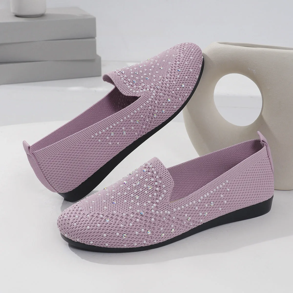 🥿Retro Mesh Diamond Flats – Plus Size Shallow Slip-On Breathable Shoes
