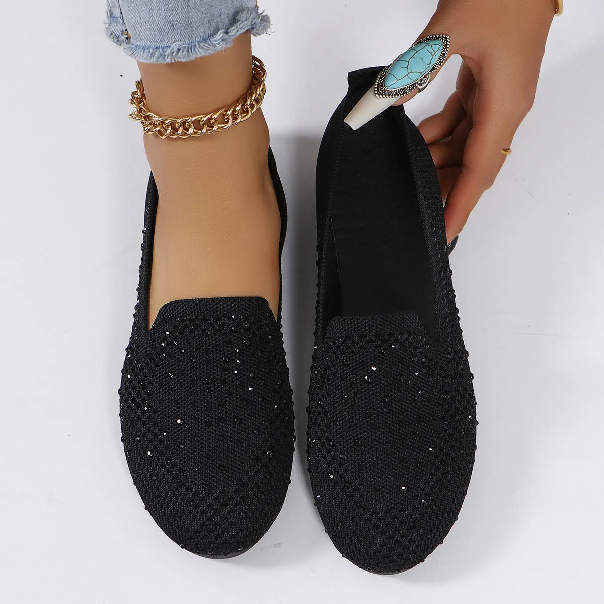 🥿Retro Mesh Diamond Flats – Plus Size Shallow Slip-On Breathable Shoes