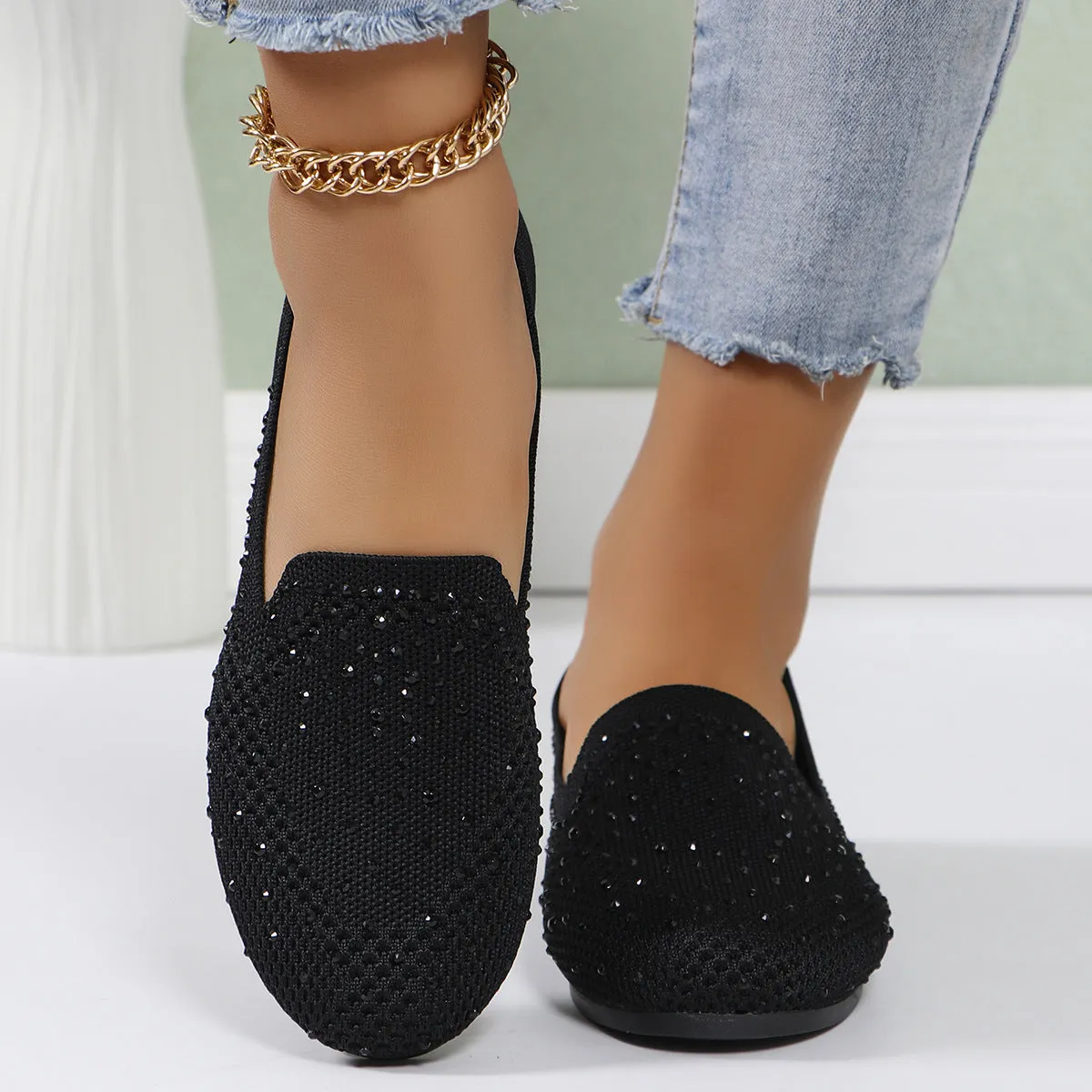 🥿Retro Mesh Diamond Flats – Plus Size Shallow Slip-On Breathable Shoes
