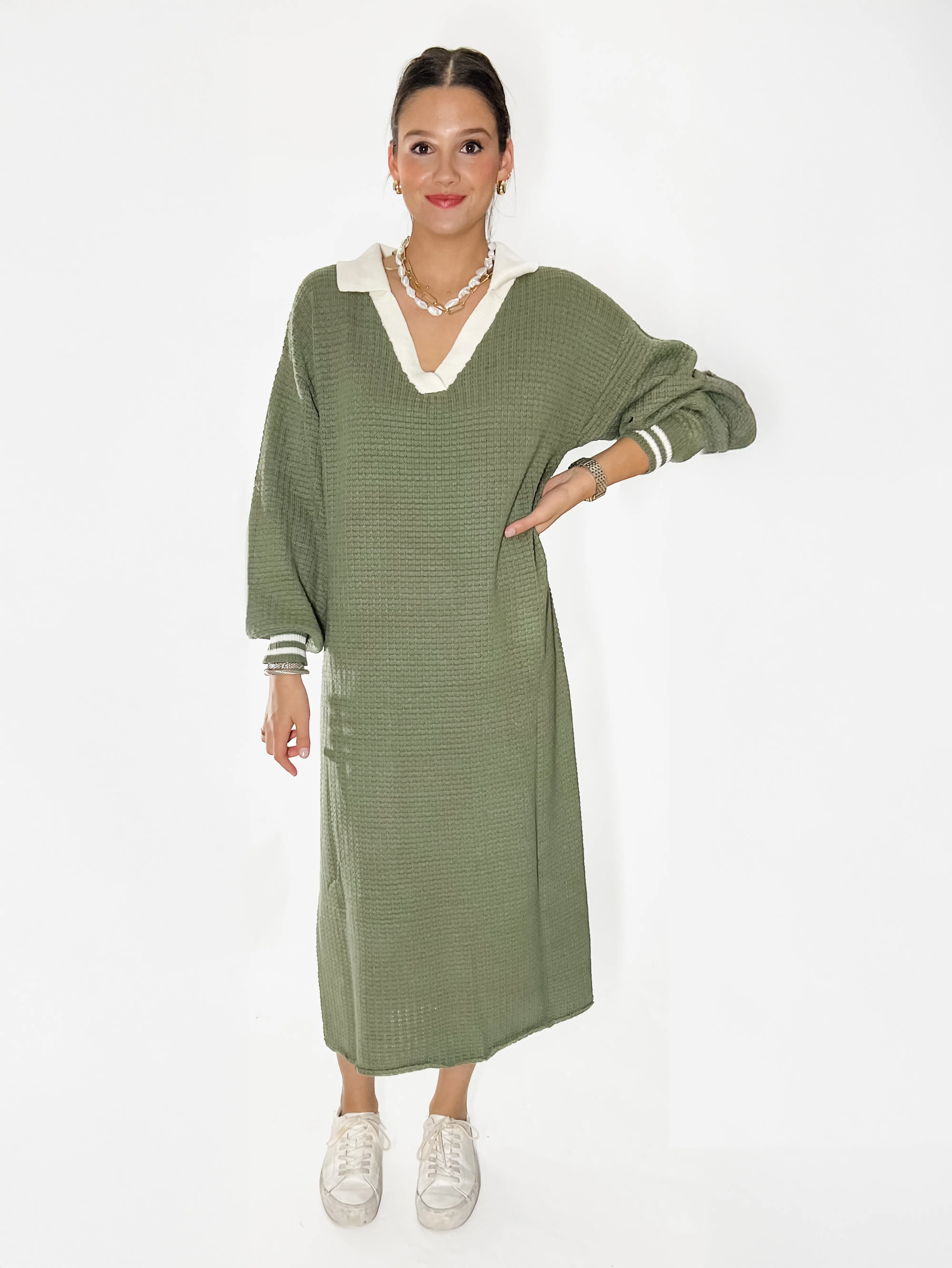 Sage Waffle Knit Midi Dress