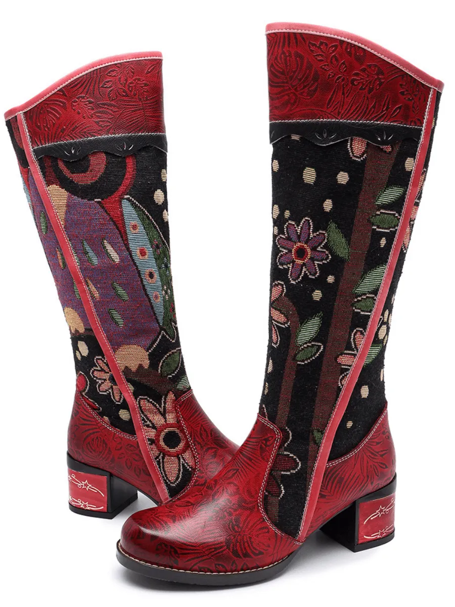 Soffia | Genuine Leather Bohemian Red Blossom Tie-Accent Leather Vintage High Knee Boots