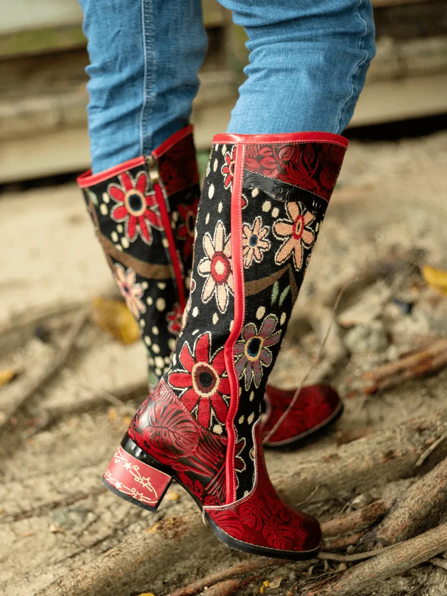 Soffia | Genuine Leather Bohemian Red Blossom Tie-Accent Leather Vintage High Knee Boots