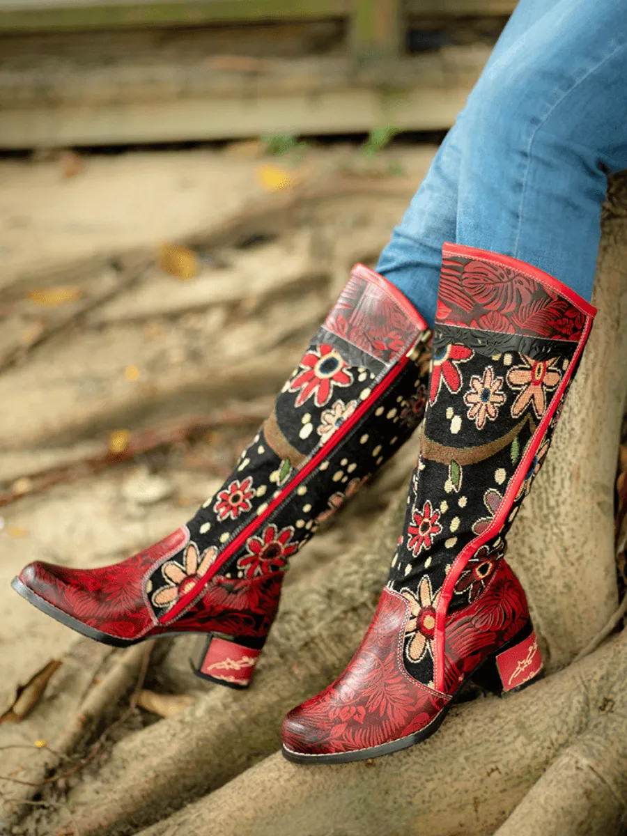 Soffia | Genuine Leather Bohemian Red Blossom Tie-Accent Leather Vintage High Knee Boots