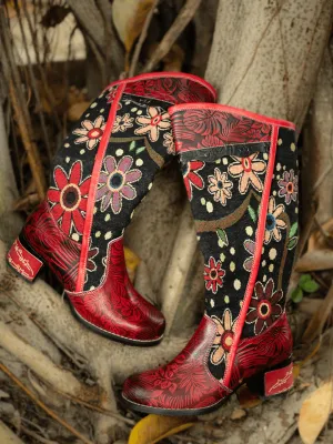 Soffia | Genuine Leather Bohemian Red Blossom Tie-Accent Leather Vintage High Knee Boots