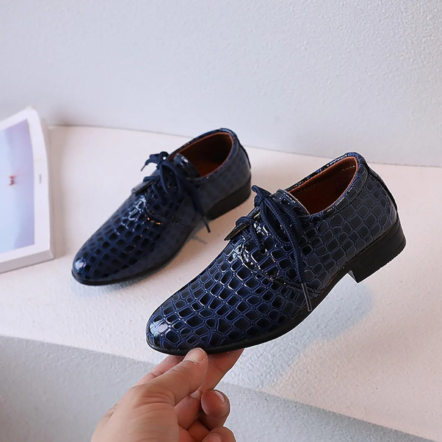 Toddler Boys Dress Shoes Kids Pointed Toe Low Heel Lace Up Oxfords Dance Party Stage Solid Dressy Comfy Leather Shoes