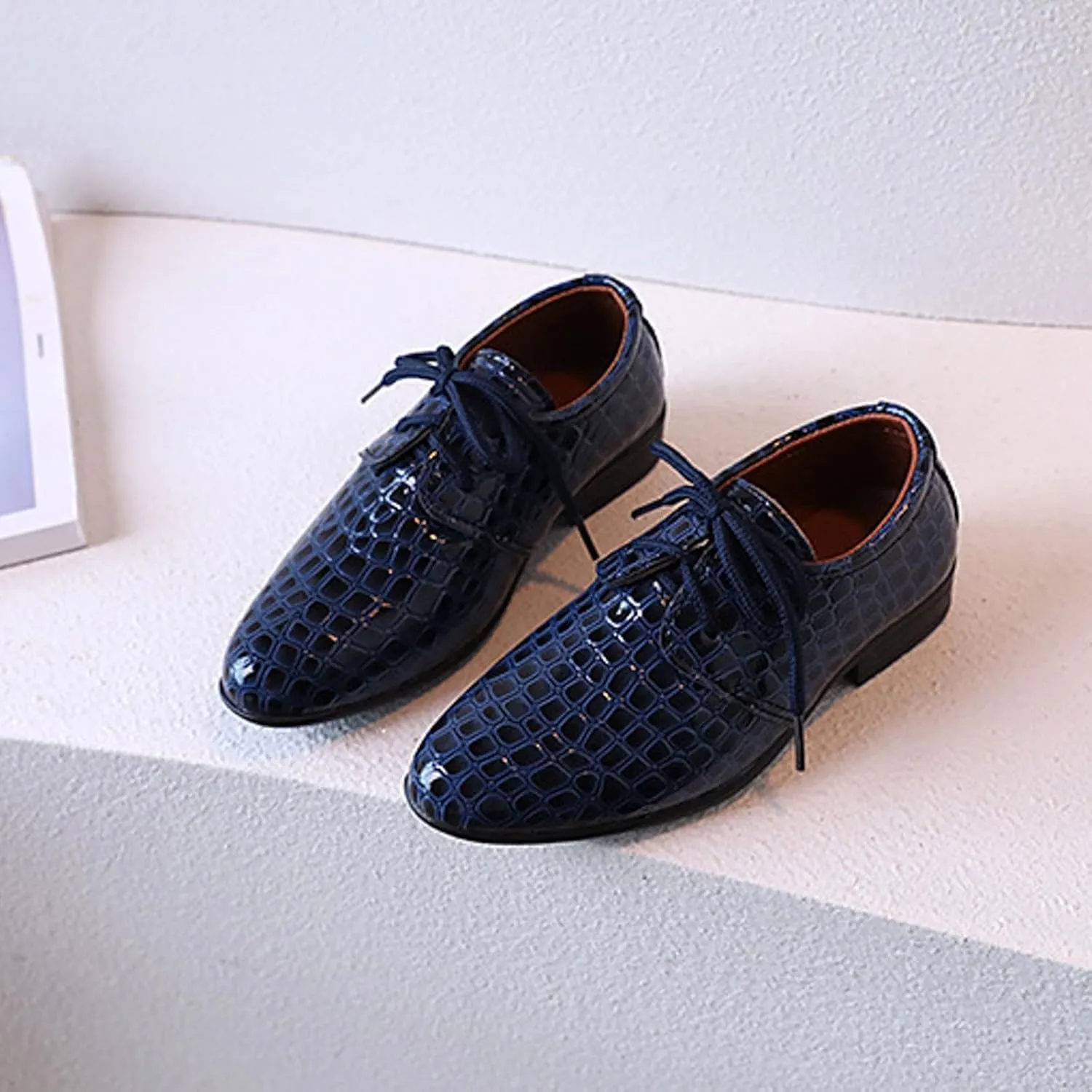 Toddler Boys Dress Shoes Kids Pointed Toe Low Heel Lace Up Oxfords Dance Party Stage Solid Dressy Comfy Leather Shoes