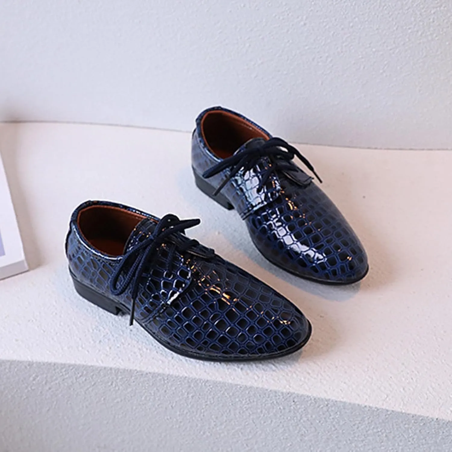 Toddler Boys Dress Shoes Kids Pointed Toe Low Heel Lace Up Oxfords Dance Party Stage Solid Dressy Comfy Leather Shoes